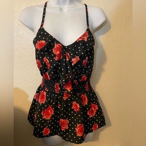 Peplum tank top black white polka dots red roses